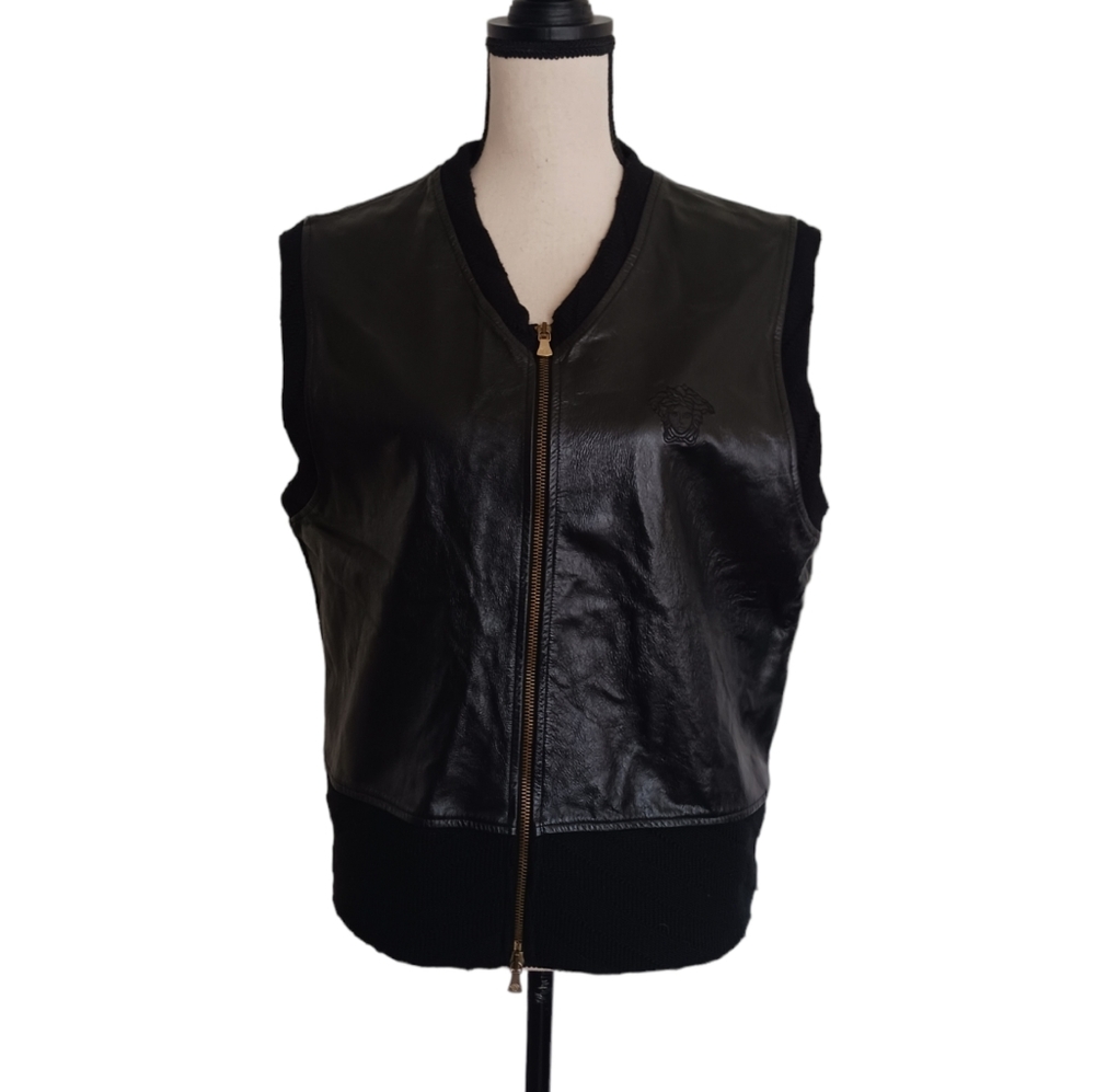 Versace Jean Couture Leather Front, Wool Acrylic Blend back Vest